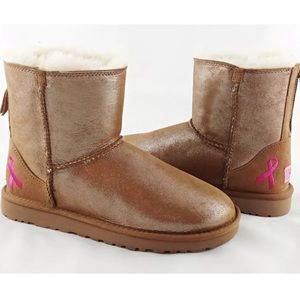 UGG Shiny Mini Zip Breast Cancer Fur Boots US 9